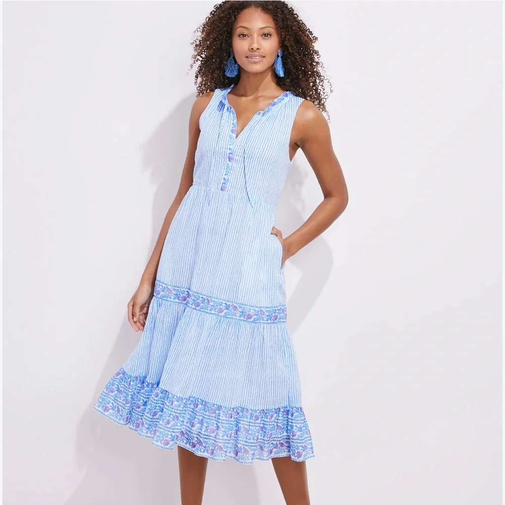 Vineyard Vines Boarder Print midi dress. Size L - Picture 3 of 3